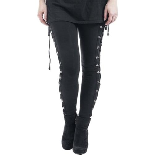 Black Skinny Pans Trousers Women Gothic Side Lace Up Leggings Solid Color Skinny Sweatpants Punk Rock Motorcycle Hippop Street