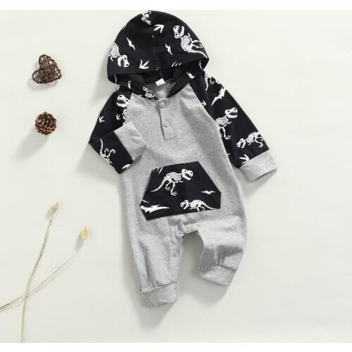 FOCUSNORM 0-12M Infant Baby Boys Jumpsuits Cartoon Dinosaur Printed Hooded Long Sleeve Rompers Outfits Autumn Clothes