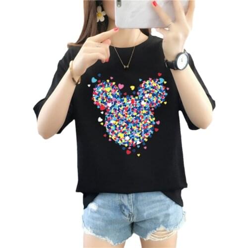 Disney Anime Colorful Loving Mickey Mouse Graphic T Shirts for Girl Short Sleeve 100% Cotton 90s Aesthetic Y2K Top Women Summer