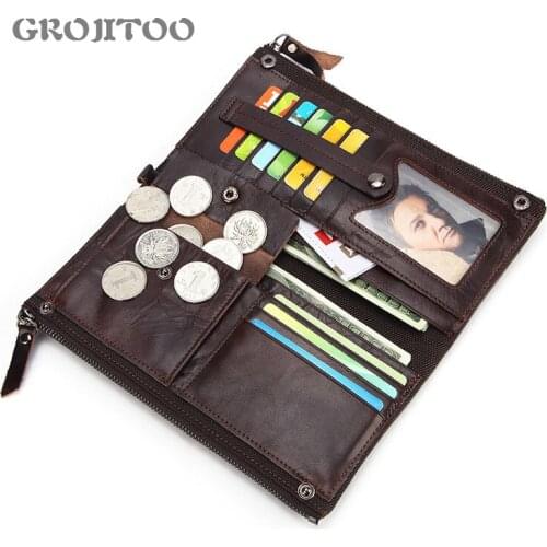 GROJITOO Genuine Leather Oil Wax Mens Money Bag Long Clutch Handy Card Holder Business Zipper Wallets Vintage Purse Hot Sale