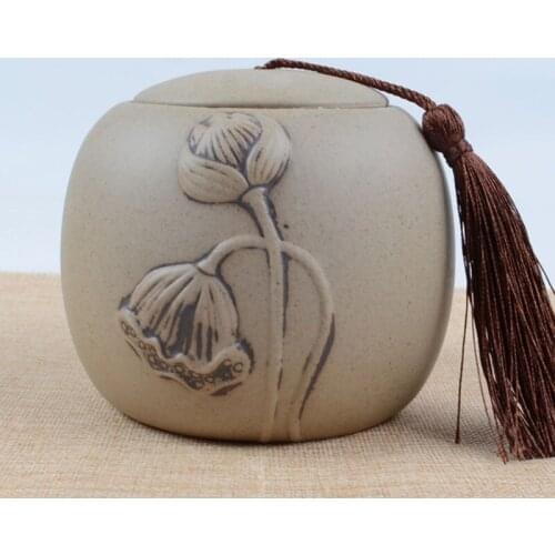Coarse Pottery Tea Box Lotus Pattern Decorated Tea Canister Tea Caddy Sealed Storage Jar Kitchen Teaware