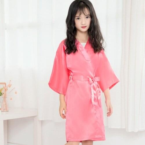 Children Solid Kimono Robe Gown Summer New Faux Silk Bathrobe Girls Casual Spring Autumn Sleepwear Cute Bow Night Dress