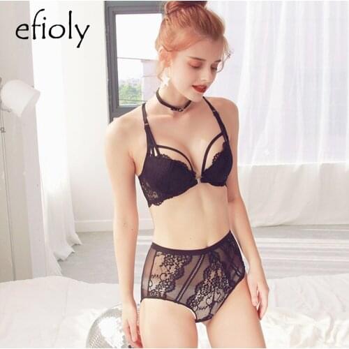 EFIOLY NT19A0037 Robe Sexy Front Buckle Women Bra Set Lace Beauty Back Underwear Set Steel Ring Gathering Bra Set