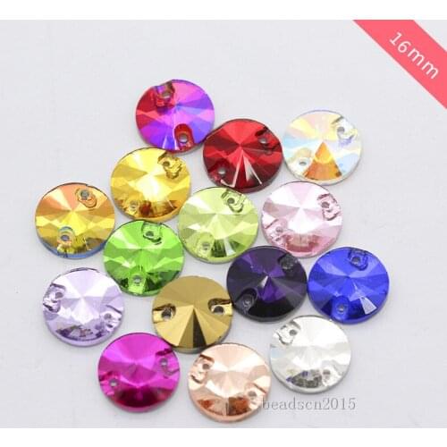 32p 16mm color round rivoli flat back crystal glass 2-Hole stone sew on rhinestone Trim buckle jewels applique for Wedding Dress