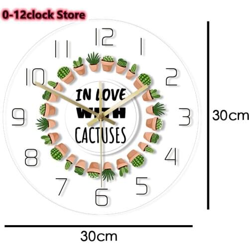 Watercolour Scandinavia Non -Ticking Round Clock In Love With Cactuses Wall Watch Potted Succulent Plant Silent Reloj Pared