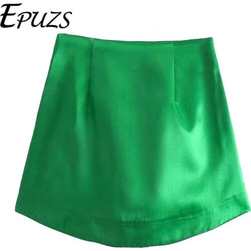 Summer Vintage green Satin skirt women sexy mini skirt Fashion zipper High Waist Skirts Female Casual Faldas 2021