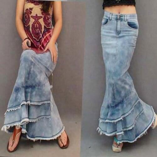 Fashion Women Jeans Skirts Ladies Multi-layer Lotus Leaf Long Denim Skirt Ruffles Patch Slim Package Hip Maxi Fishtail Skirts
