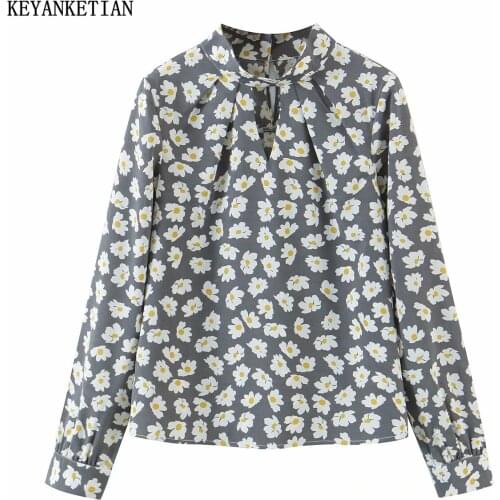 KEYANKETIAN Retro floral print top fashion ladies stand-up collar long-sleeved pullover autumn fashion casual loose street shirt