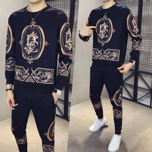 High Quality Luxury Printed Sweater Autumn Round Neck Sweater Suit 2020 New Fashion Match Sports Casual Two Piece Set Men