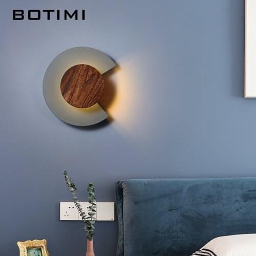 BOTIMI Nordic Designer 220V LED Round Solid Wood Wall Lamp For Living Room Home DECO Modern Wooden White Gray Black Wall Sconce