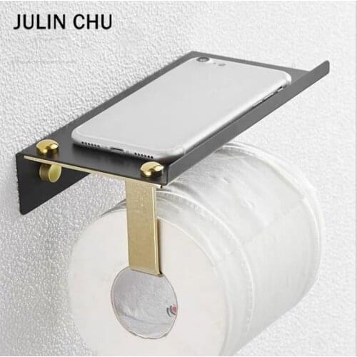 Stainless Steel Toilet Paper Holder Black Gold Wall Mounted Bathroom Kitchen Toilet Paper Towel Rack with Phone Shelf Creative