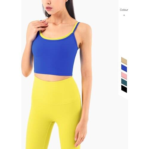 New Womens Fitness Sport Suit Two Piece Set Color Block Double Shoulder Womens Tracksuit Sports Bra Gym Yoga Set Workout Sling