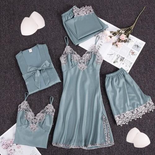 5 Pieces Pajamas Set Sexy Lace Silk Satin Sleepwear Women Summer Spring Fashion Pajamas for Female Robe Sleep Lounge Homewears