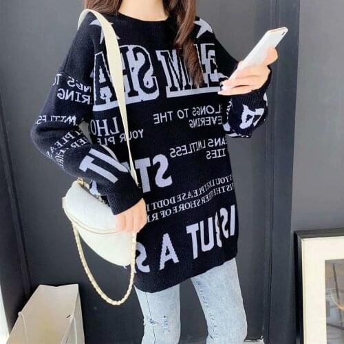 Casual Autumn Oversized Sweater Women Loose Letter Printed Knitted Pullovers Tops Long Sleeve O-neck Korean Jumpers Female 2020