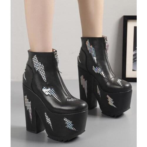 Roman Patchy Multi Lighting High Platform Super Chunky Heel Ankle Boots Women Front Zip Black Cow Leather Short Martin Boots