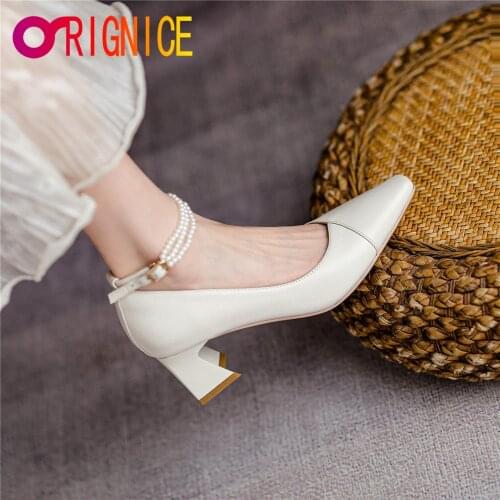 Orignice 2021 Genuine Leather Ankle Pearl Strap Strappy Design Fashion Mid High Heel Women Pumps Sexy Dress Shoes Big Size 34-43