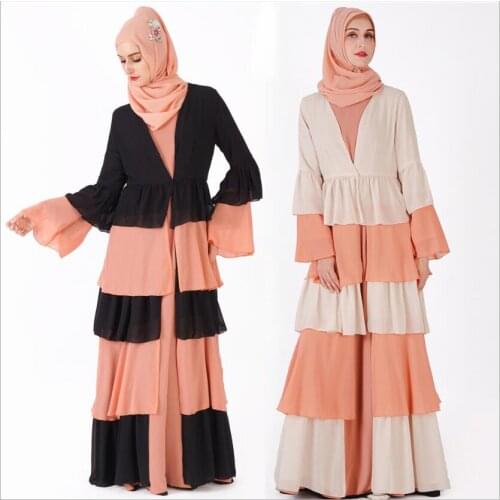 Turkish Dresses Islamic Clothing Dubai Cupcake Dress Stitching Ladies Abaya Robe Marocaine Caftan Full Long Muslim Cardigan KJ