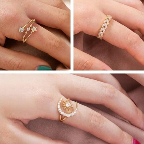Vintage Design Gold Adjustable Wedding Zircon Rings Jewelry Women Moon Crystal Engagement Ring Diamond For Girls