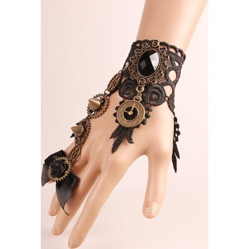 Vintage Goth Steampunk Gear Stud Bowknot Bracelet Victorian Lace Wrist Cuff