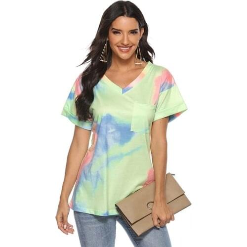 Women Casual T Shirt Tie Dye Pocket V Neck Loose Short Sleeve Mid Length Streetwear Female Plus Size Tee Shirts Feminine
