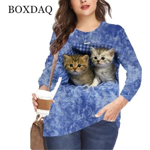 Female Long Sleeve T-shirts O Neck Long Casual Loose Style Funny Cat Pattern Printed Ladies Fashion Tee Woman Tops Plus Size 6XL