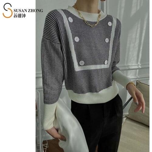 Women Pullovers Female Sweater Designer Vintage Romantic Autumn Winter Wool Dog Tooth Herringbone Lantern Sleeve O-Neck Buttons