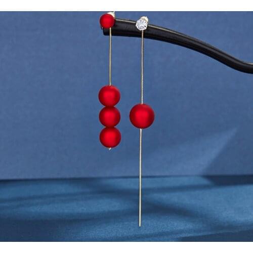 New Arrival Red Pearl Simulated-pearl Trendy Round Women Dangle Earrings Simple Pearl Asymmetric Long Earrings Bohemian Earrings
