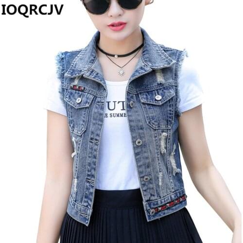 2019 Spring Summer Short Denim Vest Women Casual Slim Sleeveless Hole Jeans Jackets Coats Female Waistcoat Top R611