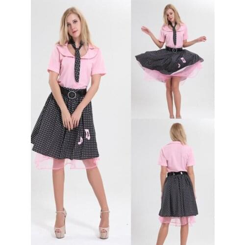 Free PP 50s poodle rockabilly dress costume pink polka dot school girl costume party halloween costume for women