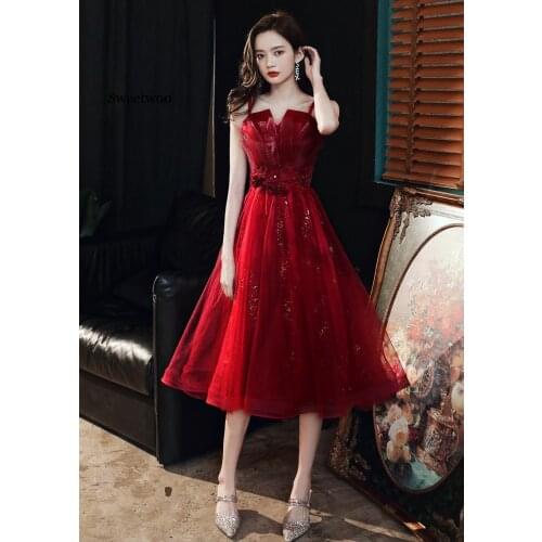 Short 2020 Elegant Red wine A-line mesh party dress for Women Short Sleeve Robe De Soiree