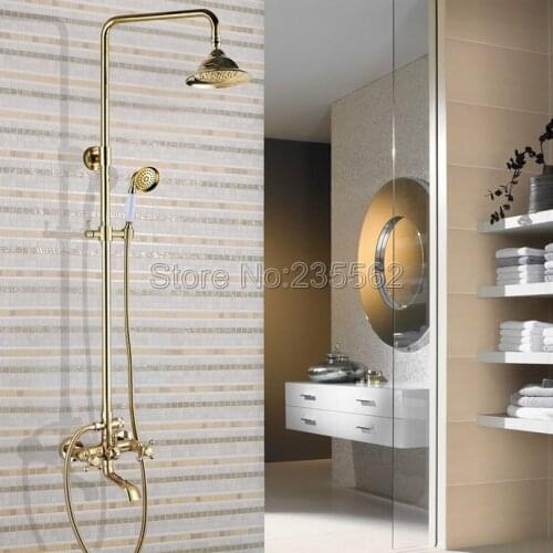 Golden Classic Rain Shower Faucet Set Bathroom Modern Wall Mounted Bathtub Shower Mixer Tap + Hand Spray lgf397