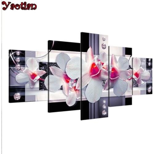 5 Panel White Magnolia Flower Cross Stitch Diamond Painting embroidery Full Round Square Diamond Mosaic 5d Picture Home Art