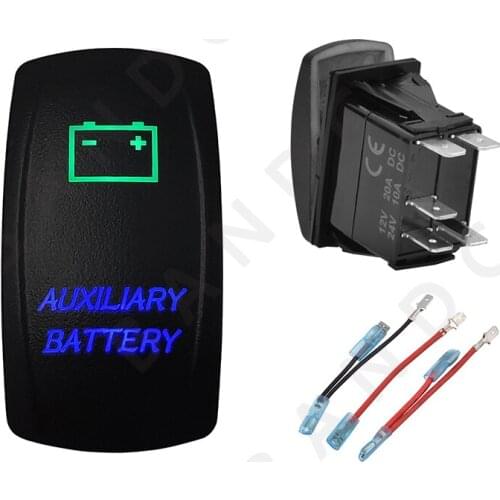 Car Boat Marine AUX BATTERY Rocker Switch 5P ON-OFF SPST Laser Etched Illuminated Green&Blue Led Lights，Camping Accessories,Wire