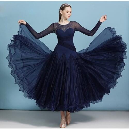 Ballroom Dresses For Dance Clothing Women Sexy Mesh Long Sleeve Rhinestone Waltz Tango Performance Dance Wear Dress DWY2955