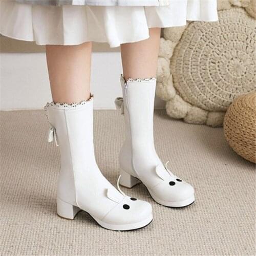 PXELENA Cute Rabbit Girls Lolita Mid Calf Boots Bow Knot Ruffles Block Heels 2021 Winter Shoes Women Plus Size 34-43 Pink White