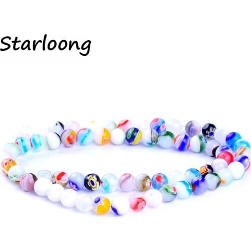 62pcs/string 6mm colors mixed round flower white beads lampwork glazed glass beads for bracelet necklace DIY jewelry making