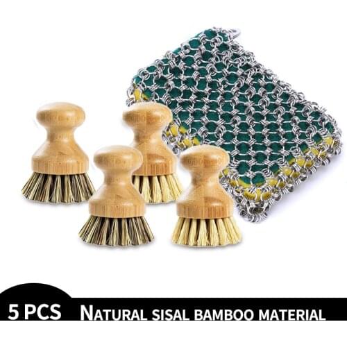 Scouring Pad to Brush Pot artifact Kitchen Cleaning Brush with Bamboo Handle Dish Scrubbers Kitchen Cleaning Brush