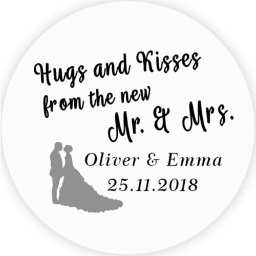 DouxArt 100 Pieces Custom Personalized, Hugs and Kisses Wedding Stickers, 40mm Wedding Communion Labels Envelopes Seals P130