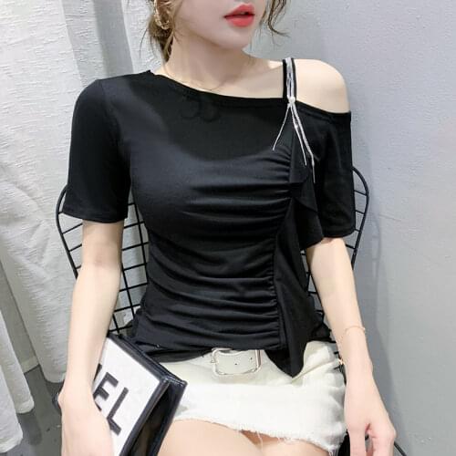 Summer Korean Clothes Cotton T-Shirt Girl Fashion Sexy Off Shoulder Ruffles Diamonds Women Tops Short Sleeve Tees 2021 T14219A