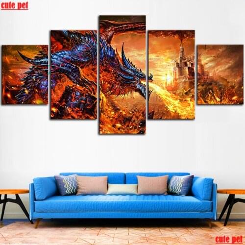 Mosaic Diamond Painting Fantasy Art Fire Dragon Cross Stitch diamond rhinestone DIY Square Round Drill 5D Embroidery 5 pcs decor