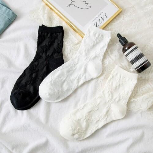 3D Rose Knit Print Socks White Black Beige Rosa Rugosa Retro Vintage Old Fashion Flower Print Women Soft Cotton Crew Summer Lace