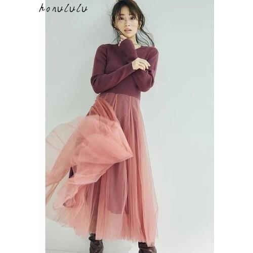 2020 autumn and winter new elegant style fairy mesh stitching slim slimming knitted dress women