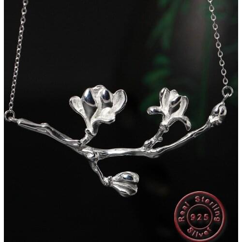 Amxiu Large Branch Flower Pendant Necklace 925 Sterling Silver Clavicular Chain Necklace for Office Lady Womens Gift Jewelry