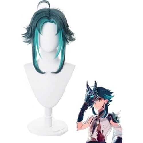 Genshin Impact Xiao Wig Cosplay Mixed Dark Green Blue Short Heat Resistant Hair Adult Halloween Role Play