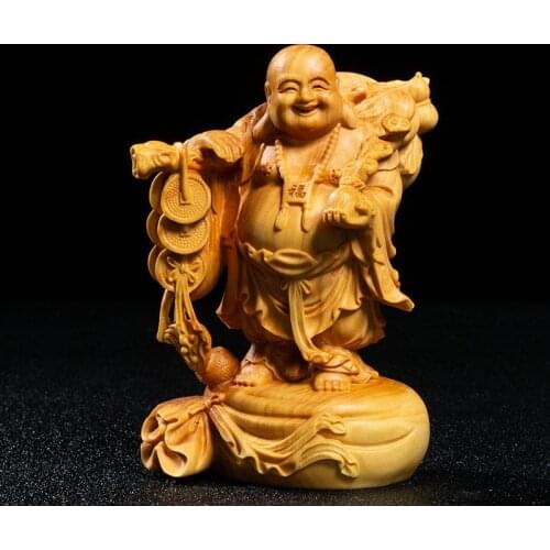 Boxwood 10 13 15cm Maitreya Sculpture Wood Carving Laughing Buddha Statues Home Decor