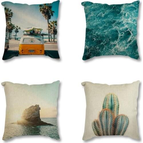 Tropical Sea Palm Tree Bus Landscape Linen Decorative Cushion Cover Sofa Car Decor Nordic Square Pillowcase Throw Pillow Case