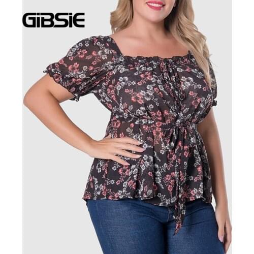 GIBSIE Vintage Square Neck Floral Print Belted Blouse Plus Size 2021 Summer Puff Sleeve Office Casual Women Tops and Blouses