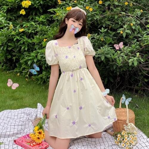 Sweet lolita dress Purple Embroidered Flower Pleated Square Collar Puff Sleeve Dress Female 2020 Summer New Waist Hugging