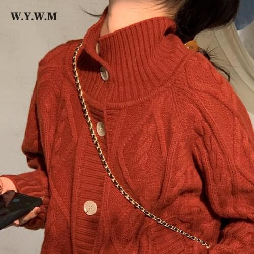 WYWM Winter Knitted Turn-down Collar Cardigans Sweater Women Korean Casual Loose Coat Ladies Vintage Long Sleeve Female Clothing