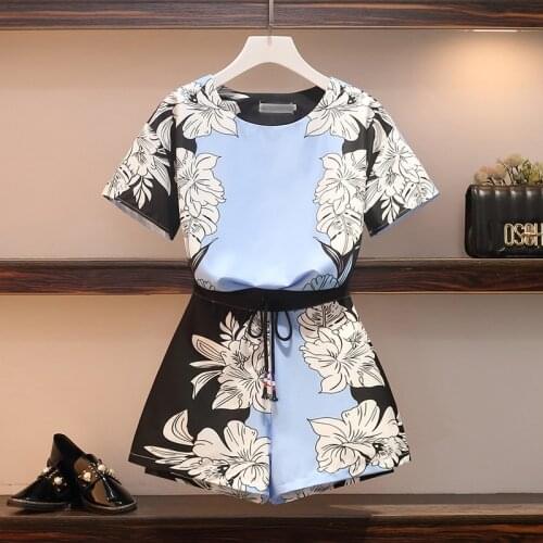 2021 New Print Hit Color Set O Neck Short Sleeve T Shirt With High Waist Lace Up Bowknot Short For Female Sets Tide 2021